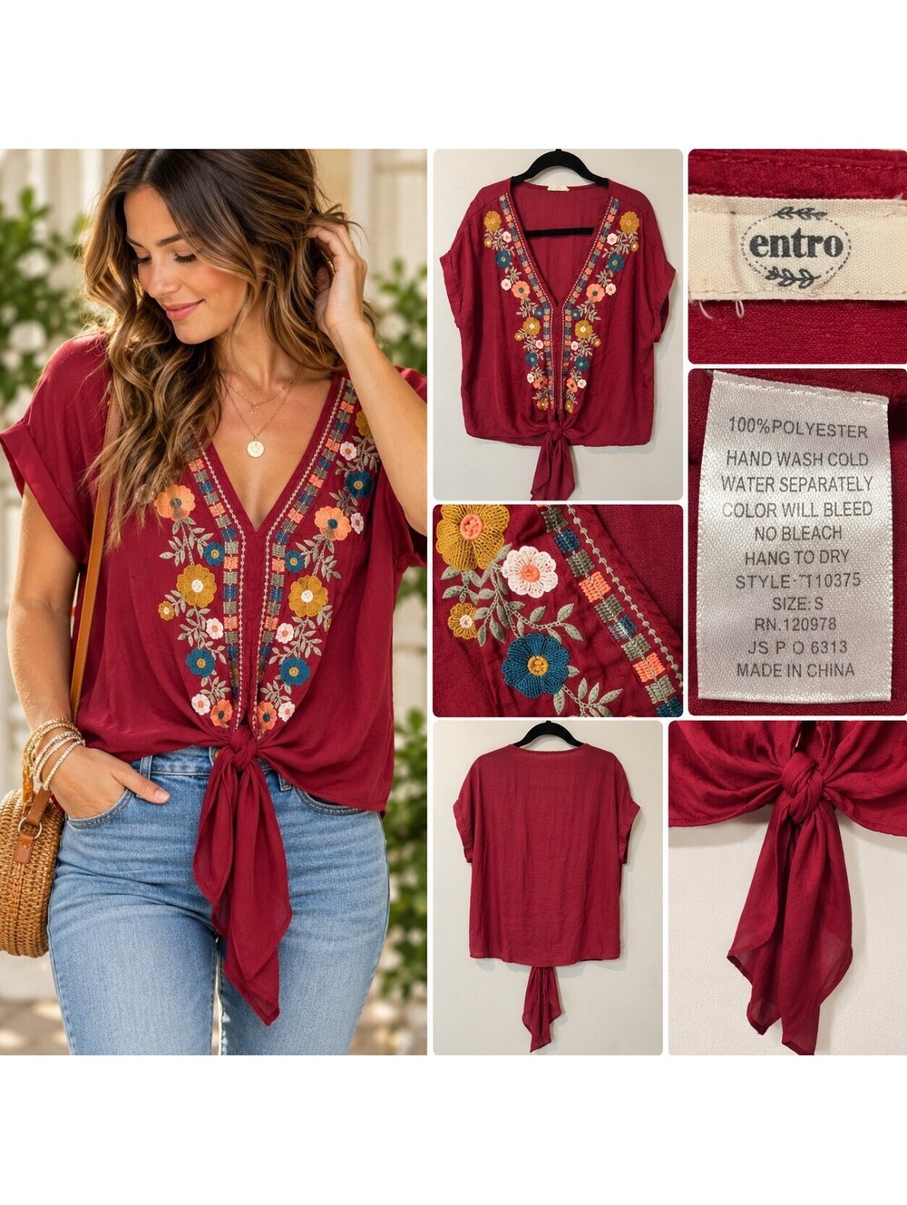 Entro burgundy embroidered tie front blouse size small